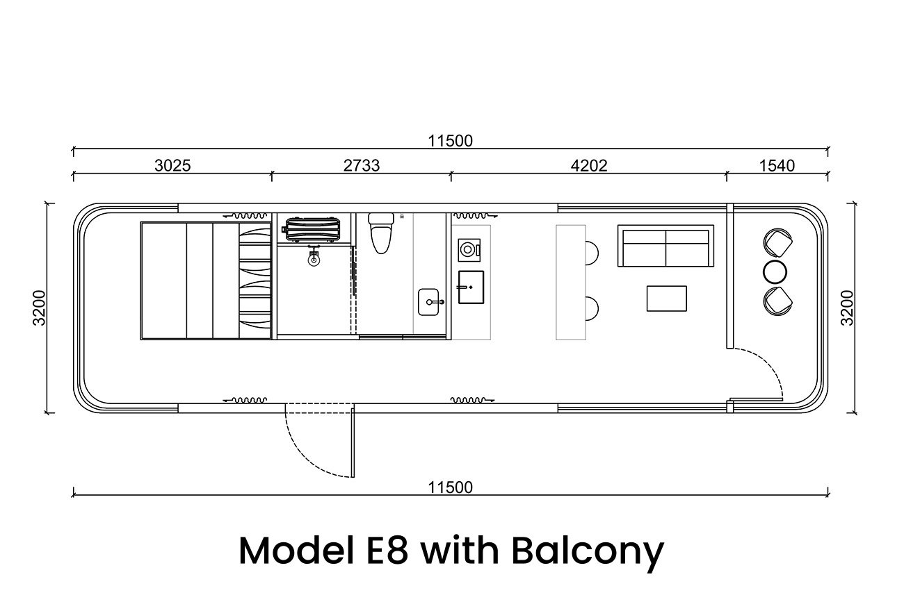 Plan de la Capsule House E8 avec balcon