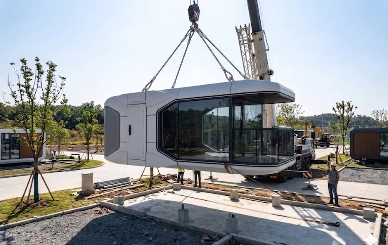 Installation de la Capsule House E5 par levage sur une base préparée