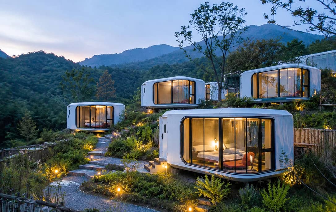 Capsule House E5 EuroHomes avec grandes baies vitrées panoramiques