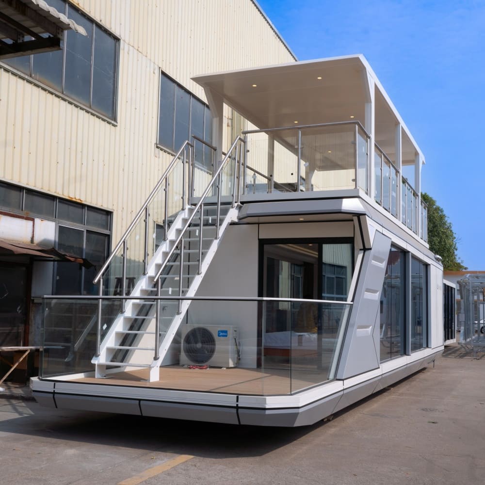 Vue extérieure de la Capsule House D8 à deux niveaux